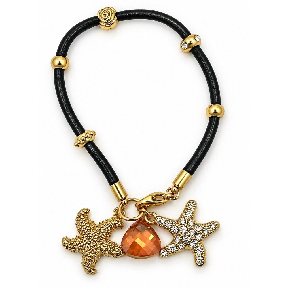 Black Leather Starfish Charm Bracelet Gold Tone Amber Crystal Rhinestone